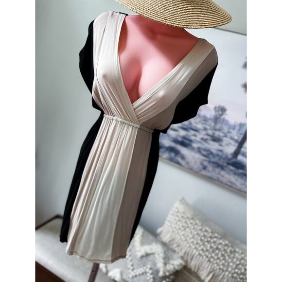 Soft Steps thru Golden Light plunging minimalist colorblock kimono dress - Picture 1 of 4